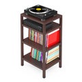 Turntable Vinyl Record Player, HIFI Stereo Mixer Amplifier and Syack of Old Vinyl Record Disk with Wooden Rack Storage Stand. 3d Royalty Free Stock Photo