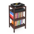 Turntable Vinyl Record Player, HIFI Stereo Mixer Amplifier and Syack of Old Vinyl Record Disk with Wooden Rack Storage Stand. 3d Royalty Free Stock Photo