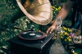 Turntable vinyl record player or vintage gramophone. Retro audio equipment for vinyl disc Royalty Free Stock Photo