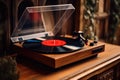 turntable vinyl record player on wooden table