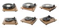 Turntables with vinyl records on white background, collage. Banner design