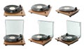 Turntables with vinyl records on white background, collage. Banner design Royalty Free Stock Photo