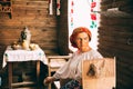 Turov, Belarus. Figure Of Woman With Spinning Wheel In Turov Local History Museum