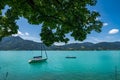 Turquiose Tegernsee. The popular lake in the heart of bavaria with a beautiful green bluish water color in summer with a