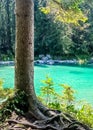 Turquise blue clear water at lake Eibsee in Bavaria Germany on a summer day.