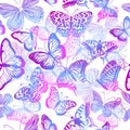 Seamless pattern blue neon butterflies. Vector illustration
