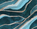 Turquoise agate with gold, watercolor stains freehand seamless patterns. Abstract background