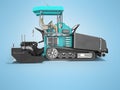 Turquoise asphalt spreader machine side view 3D rendering on blue background with shadow