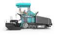 Turquoise asphalt spreader machine side view 3D rendering on white background with shadow
