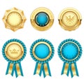 Turquoise award rosettes and gold medals