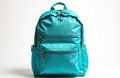 Turquoise backpack with multiple zipper pockets and compartments, isolated on a clean white background. This stylish accessory is Royalty Free Stock Photo