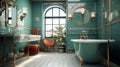 turquoise bathroom with ball and claw bath