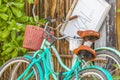 Turquoise bikes bicycles at caribbean coast and beach Tulum Mexico