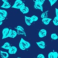 Turquoise birch leaves seamless pattern on blue navy background Royalty Free Stock Photo