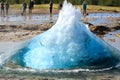 The turquoise blue boiling bubble of Strokkur Geyser before eruption. Gold Circle. Iceland Royalty Free Stock Photo