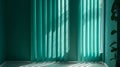 Turquoise blue curtain drape in sunlight window grill. Generative ai