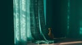 Turquoise blue curtain drape in sunlight window grill. Generative ai