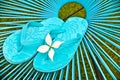 Turquoise blue garden chair and flip flops Royalty Free Stock Photo