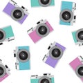 Turquoise, blue, pink and purple retro camera pattern seamless v Royalty Free Stock Photo