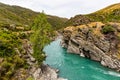 Turquoise blue river meandering through the Southern Alps, in Wanaka, Otago, South Island, New Zealand