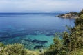 Turquoise blue sea and green coast on a bright sunny day. Great view of the beautiful bay. Relax and tranquility. Postcard. Space