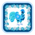 Turquoise blue vector rooster with wings in shape of paisley and decorative floral frame in Russian gzhel style. Print for napkin