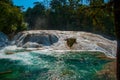 Turquoise-blue water of the waterfall Agua Azul in Chiapas, Palenque, Mexico. Royalty Free Stock Photo