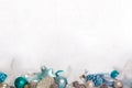 Turquoise and blue wooden snowy white christmas background with