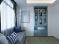 A turquoise bookcase with books and a bench with pillows in the children`s room