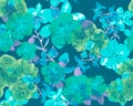Turquoise Botanical Wallpaper. Mint Color Orchid Garden. Blue Hibiscus Print. Pink Flower Design. Green Watercolor Textile. Seamle