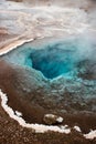 Turquoise bright blue boiling hot volcanic geothermal natural pond pool lake at Geysir Haukadalur Golden Circle Iceland