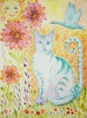 Turquoise cat with greenish eyes, flying goose, sun and flowers.