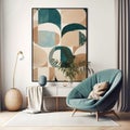 Turquoise chair near wooden cabinet and art poster on white wall. Interior design of mid-century living room. Created with