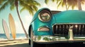 Turquoise Classic Car on Sandy Beach with Palm Trees Royalty Free Stock Photo