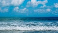Turquoise clear sea view panorama blue sky white clouds close wave, beauty of nature, skyline