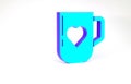 Turquoise Coffee cup and heart icon isolated on white background. Couple coffee for lovers on Valentines Day. Minimalism