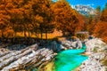 Turquoise color Soca river with rocky canyon near Bovec, Slovenia Royalty Free Stock Photo