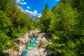 Turquoise color Soca river with rocky canyon near Bovec, Slovenia Royalty Free Stock Photo