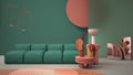 Turquoise colored modern living room, pastel colors, sofa, vases, carpet, coffee tables, frosted glass panels, copper pendant