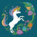 Turquoise colorful tangle unicorn and flowers vector