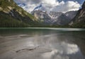 Turquoise coloured lake Duerrensee with view to Christallo mountain range in Dolomite Alps, South Tyrol Italy