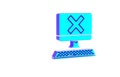 Turquoise Computer with keyboard and x mark icon isolated on white background. Error window, exit button, cancel, 404