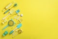 Turquoise cooking utensils on yellow background. Food ingredients. Cooking cakes and baking bread concept. Copy space Royalty Free Stock Photo