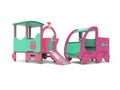 Turquoise crimson car and train playground for children with slide view of perspective 3d render on white background with shadow Royalty Free Stock Photo