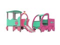 Turquoise crimson car and train playground for children with slide view of perspective 3d render on white background no shadow Royalty Free Stock Photo