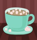 Turquoise cup with saucer, hot coffee or chocolate with a small marshmallow and meringue. Vector illustration on a dark b