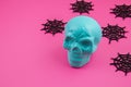 Turquoise decorative sugar scull over the pastel background. Halloween decoration. Sceleton head for the Day of dead Royalty Free Stock Photo