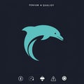 Turquoise dolphin logo on a dark blue background. The dolphin\'s streamlined shape Royalty Free Stock Photo