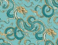 Turquoise Dragon Pattern with Golden Accents and Intricate Details Royalty Free Stock Photo
