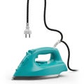 Turquoise Electric Iron with Black and White Cord and Plug on White Background household appliance Royalty Free Stock Photo